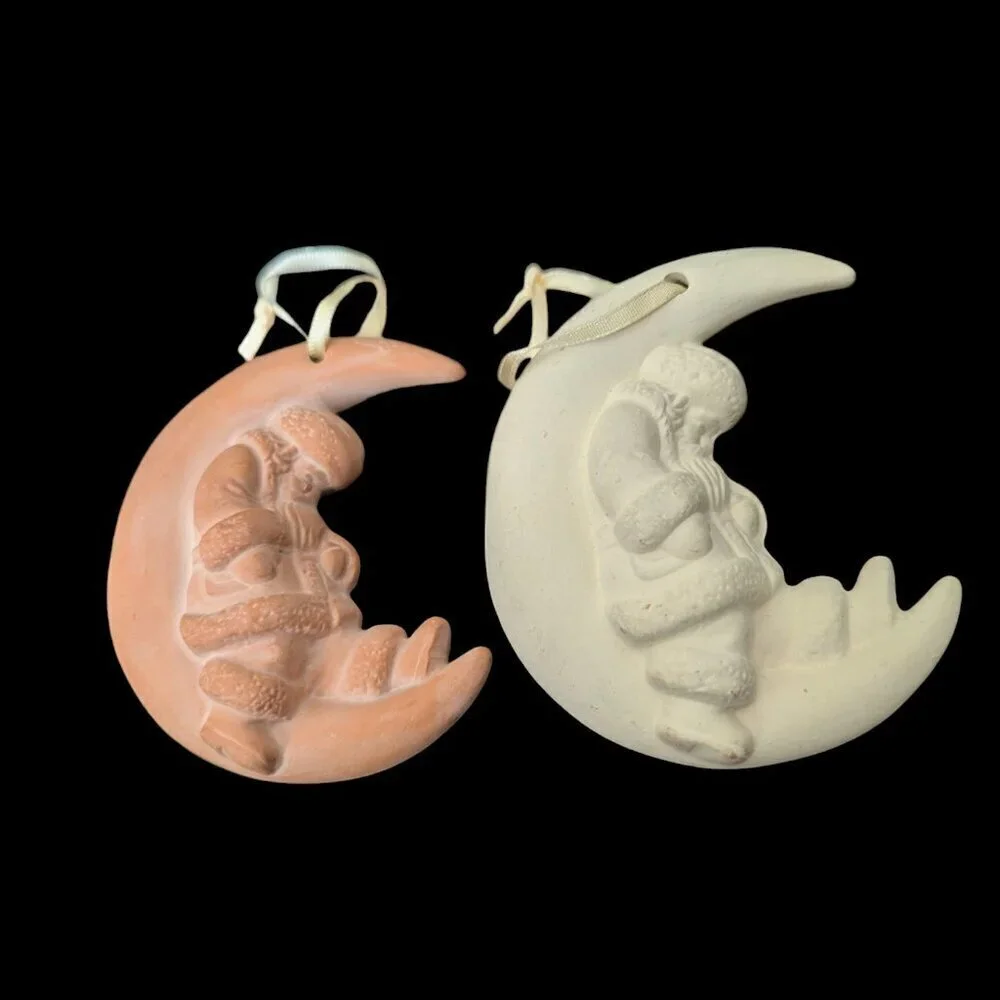 Ceramic Clay Half‎ Moon Sleeping Santa Christmas Tree Holiday Ornaments Vintage
